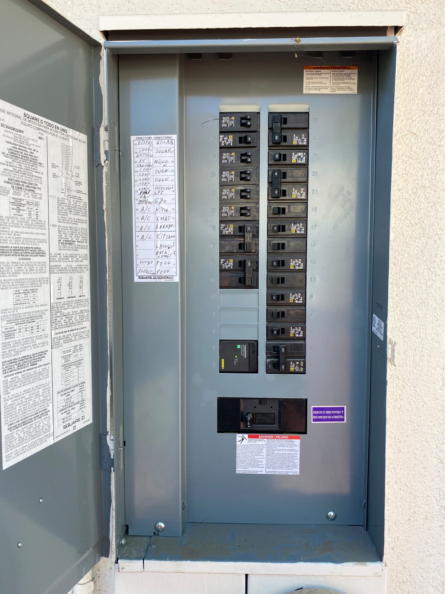 Labeled circuit directory inside a Square D service panel with solar and pool circuits