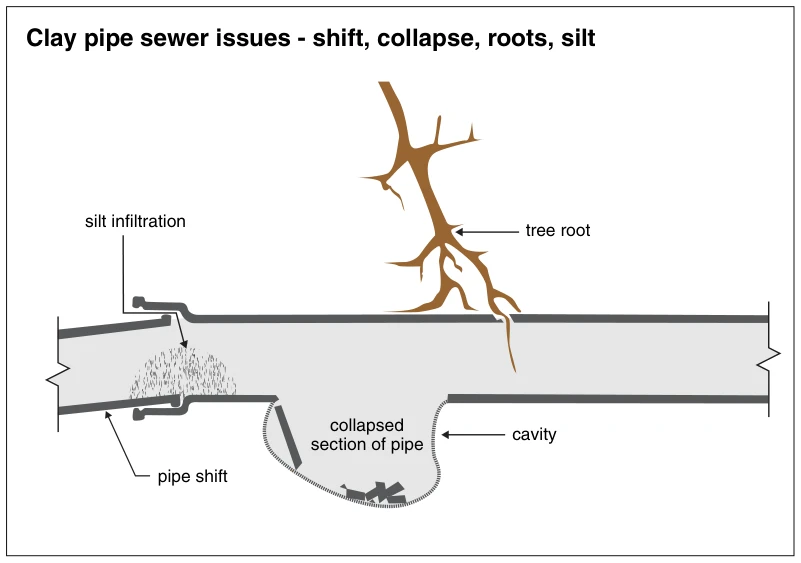 Clay pipe sewer issues - shift, collapse, roots, silt