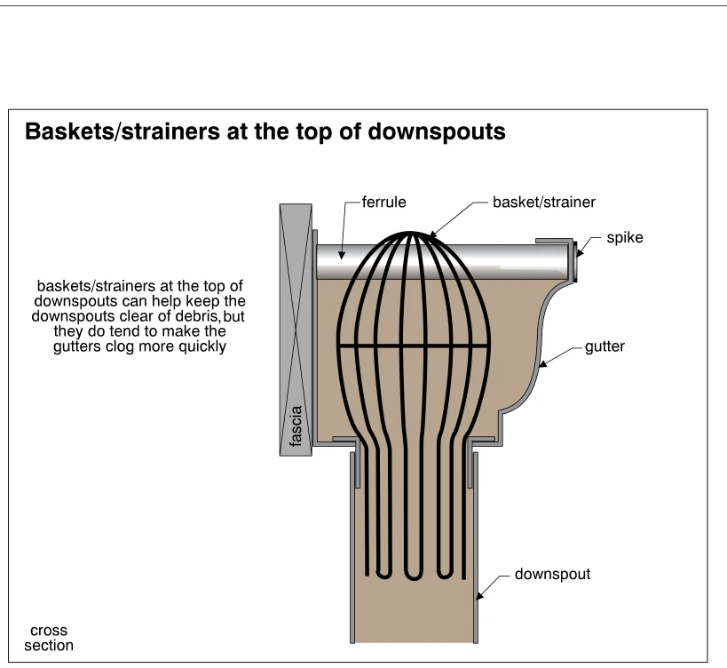Baskets/strainers at the top of downspouts